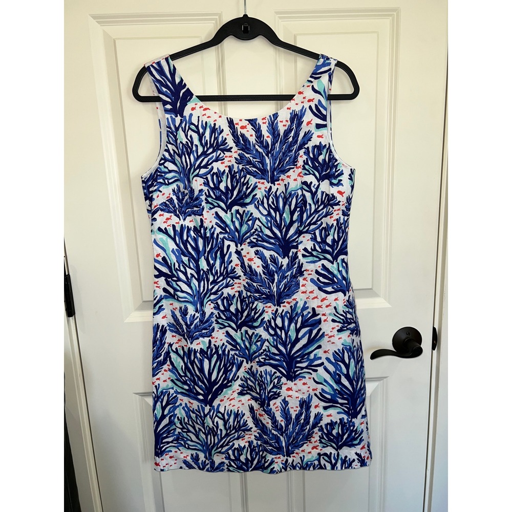 Hiho Tropical Fish Sleeveless Linen Shift Dress Size Small Blue White